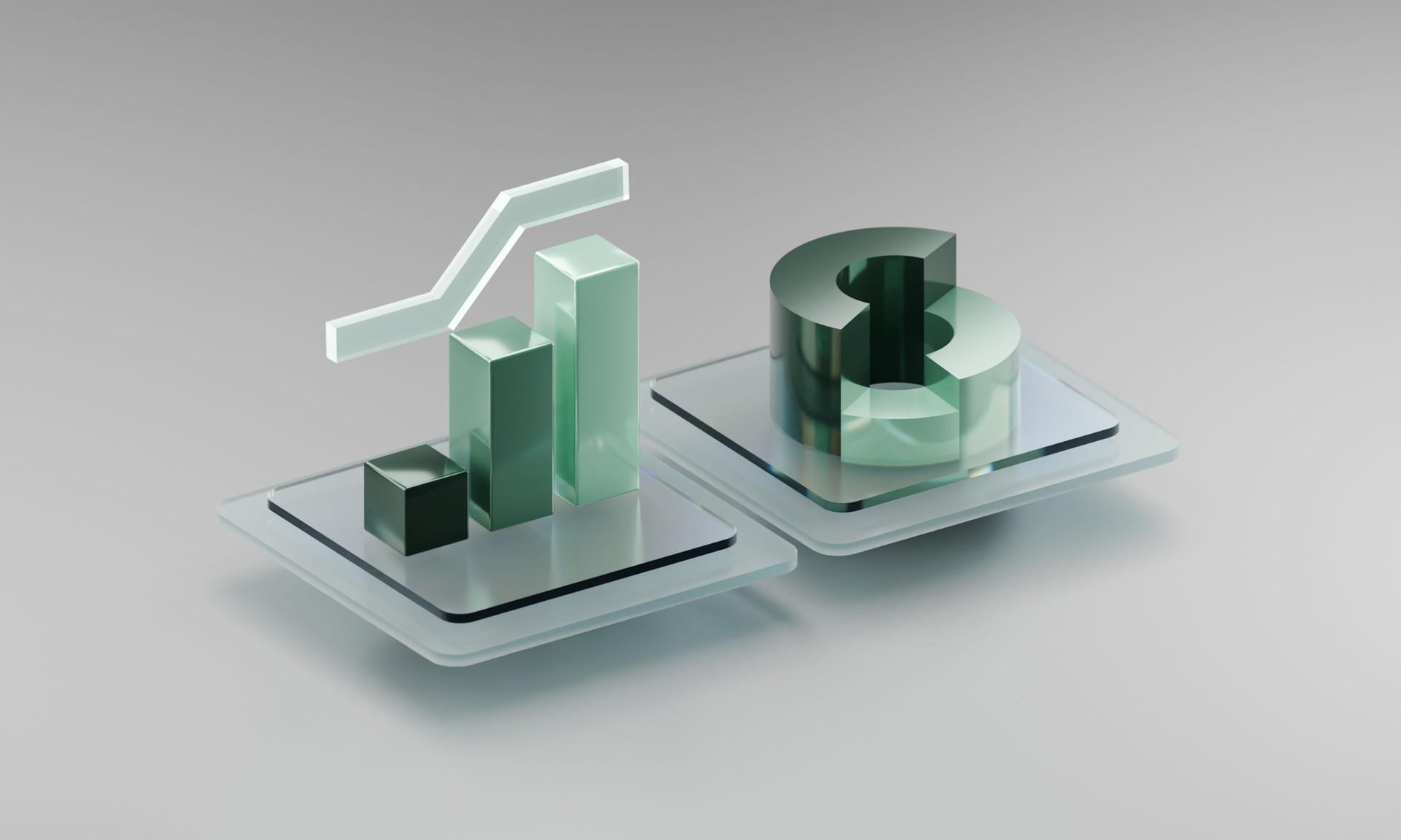 3D Glass Business Graphics: Transparent Bar Chart and Pie Chart on Glass Platforms, Modern Data Visualization for Financial or Business Concepts