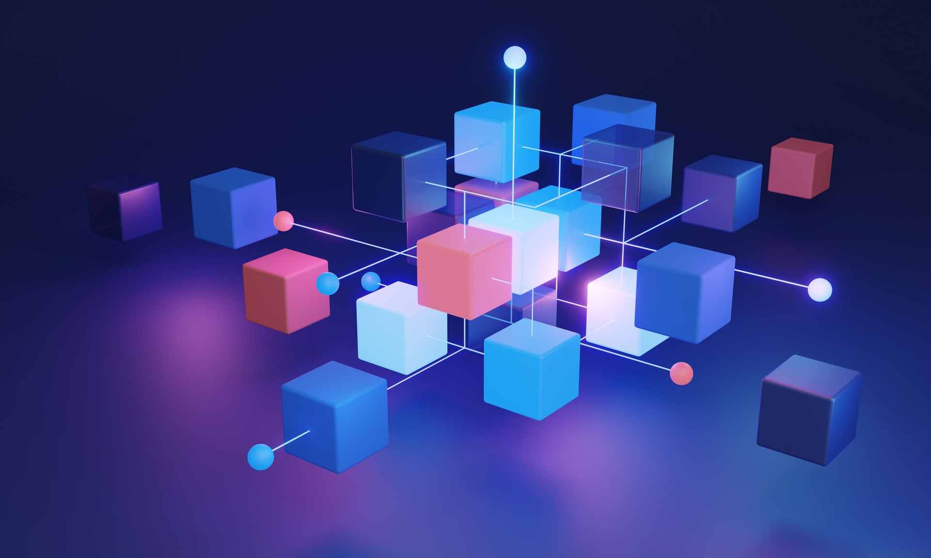 Decentralized blockchain system 3D concept, utilizing algorithmic technology and a distributed network for secure data